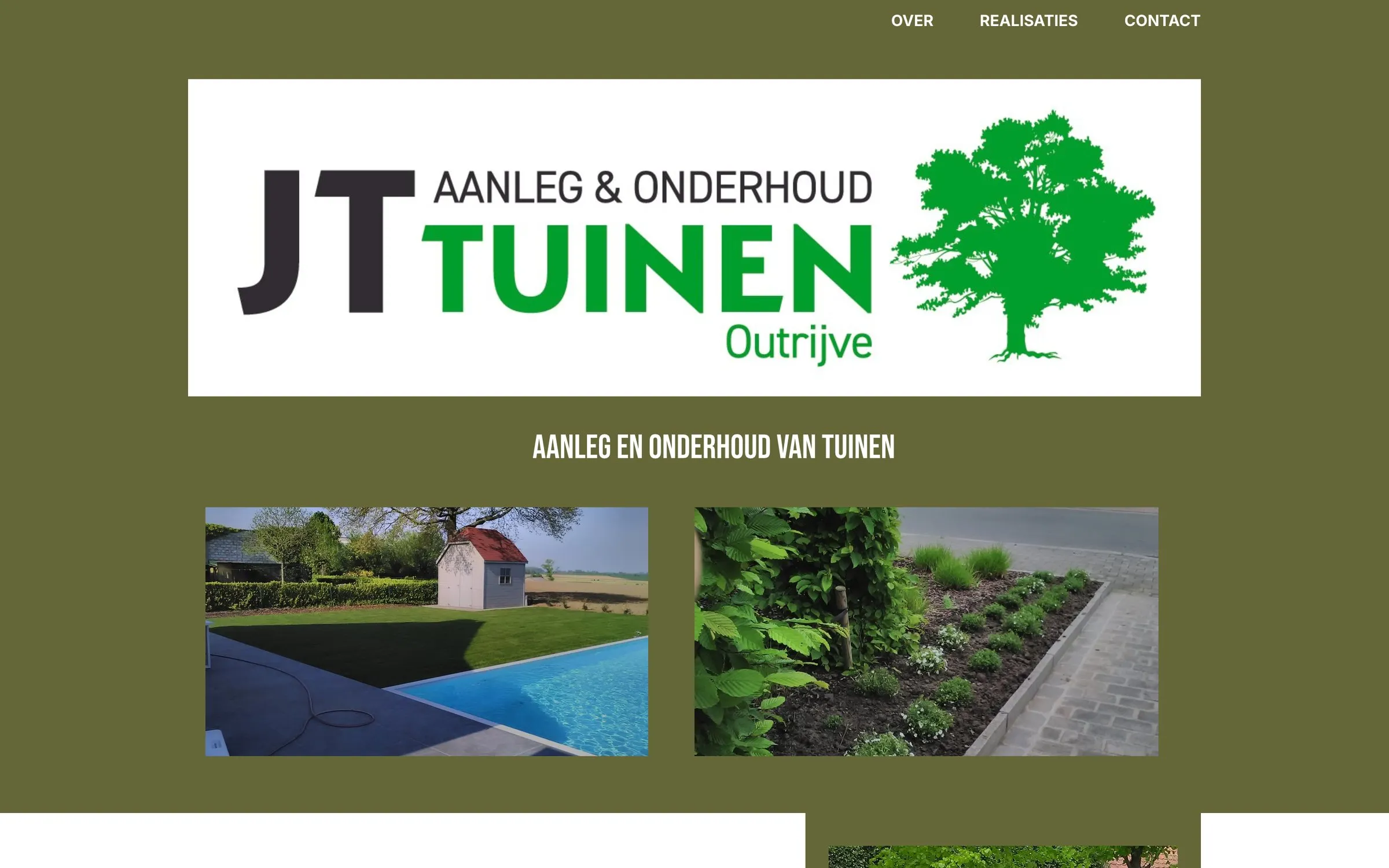 De huidige homepage van jt-tuinen.be: het logo op een olijfgroene achtergrond met twee foto’s